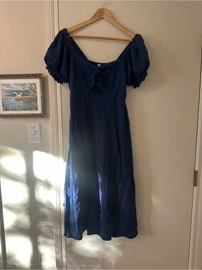 Navy Puff-Sleeve Midi Dress with Front Tie